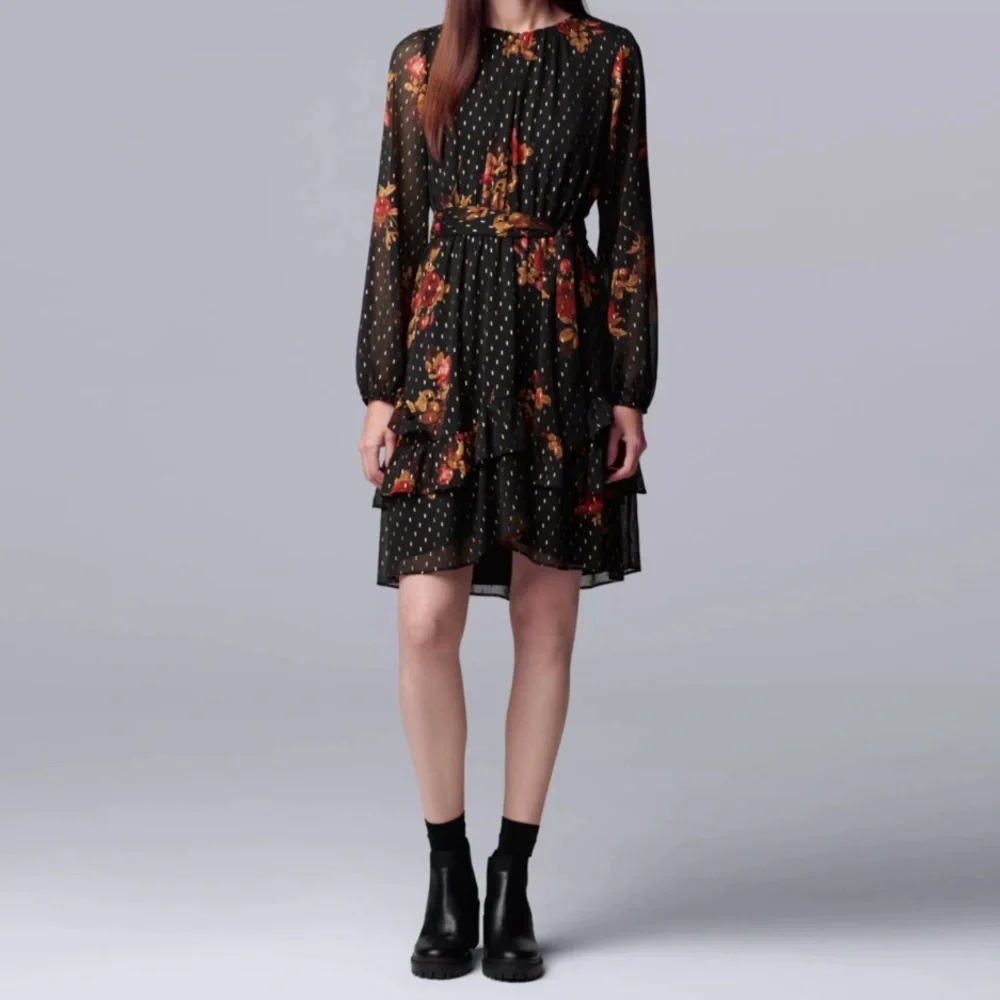 Simply Vera Vera Wang Black Dress with Red and Gold Floral Design - Picture 1 of 9